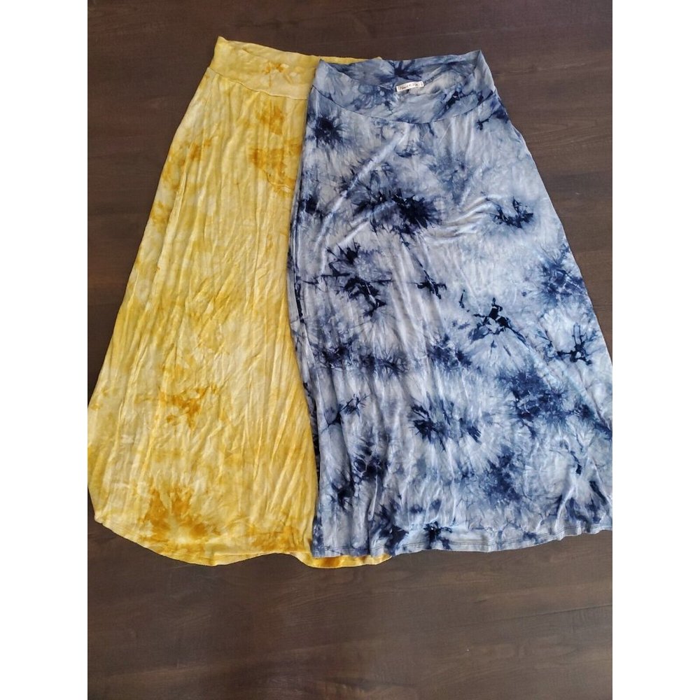 (2) Tie Dye Print Long Maxi Skirts Yellow & Blue Size L Hippie Boho Festival